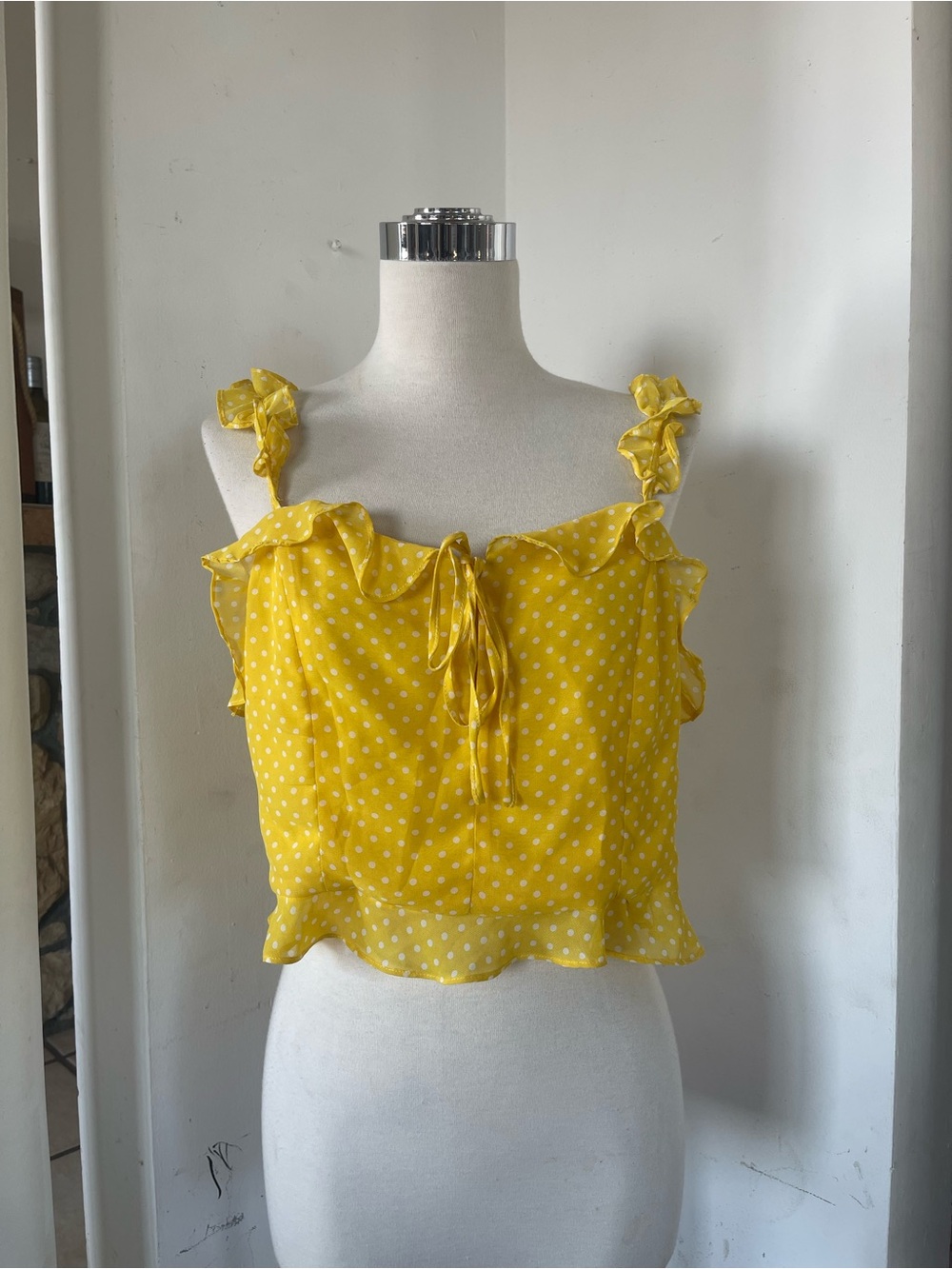Yellow Polka Dot Ruffle Tie-Front Cami Top